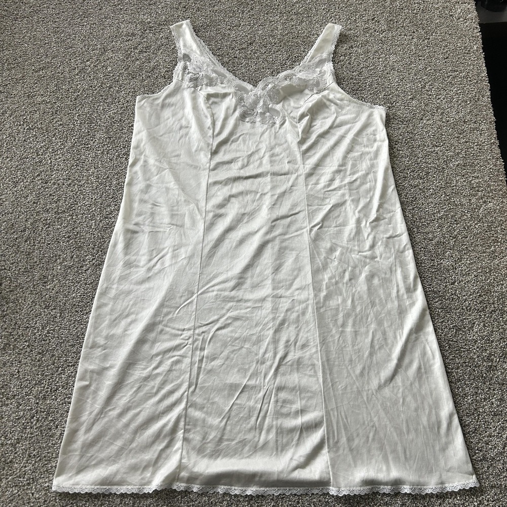 Vintage Satin Full Slip Womens Large White Nylon Lace Trim Bow Lingerie Chemise